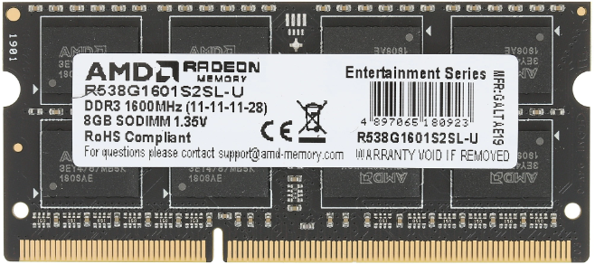 Память DIMM DDR3L 8GB (PC3L-12800, 1600MHz) AMD Radeon R5 Entertainment (1шт x 8ГБ, CL 9-9-9-24, 1.35В, DR x8, высота 30 мм,черный цвет