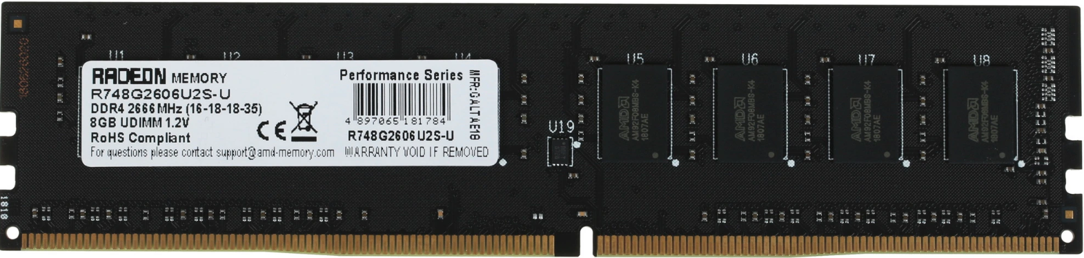 Память DIMM DDR4 8GB (PC4-21300, 2666MHz) AMD Radeon R7 Perfomance (1шт x 8ГБ, CL 16-18-18-35, 1.2В, Single rank x8, высота 31,25 мм) R748G2606U2S-U