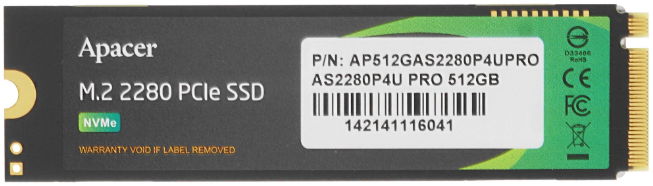 Накопитель SSD M.2 512GB Apacer AS2280P4U PRO (AP512GAS2280P4UPRO-1) Retail (3500/2300МБ/сек, 400K/600K IOPS, NVMe PCI-Ex4 3.0, 3D TLC, TBW 350)
