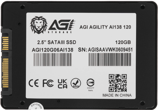 Накопитель SSD 2,5" 120GB AGI AI138 (AGI120G06AI138) Retail (518/509МБ/с, 19K/75K IOPS, SATA600, 3D TLC, TBW 70)